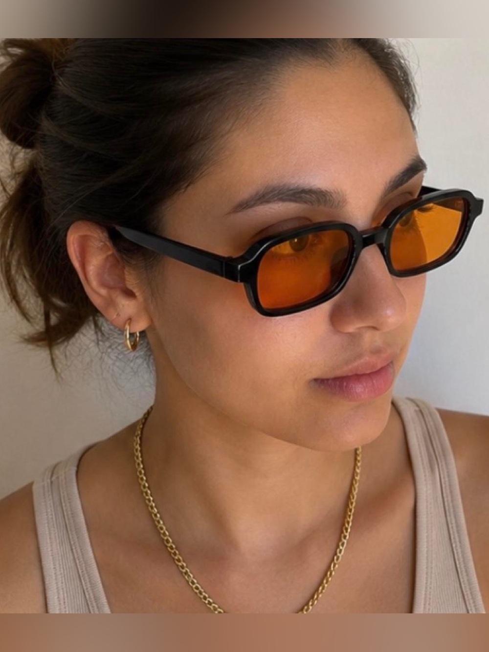 Orange Lens Rectangle Y2K Sunglasses Black Frame UV400